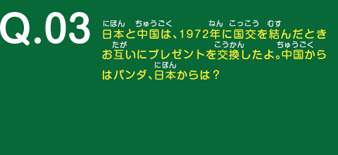 日本と中国は、1972年に国交を結んだときお互いにプレゼントを交換したよ。中国からはパンダ、日本からは？